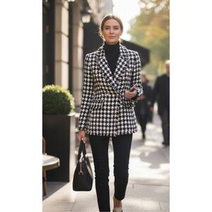 Rachel Zoe Black and White Houndstooth Boucle Blazer Jacket